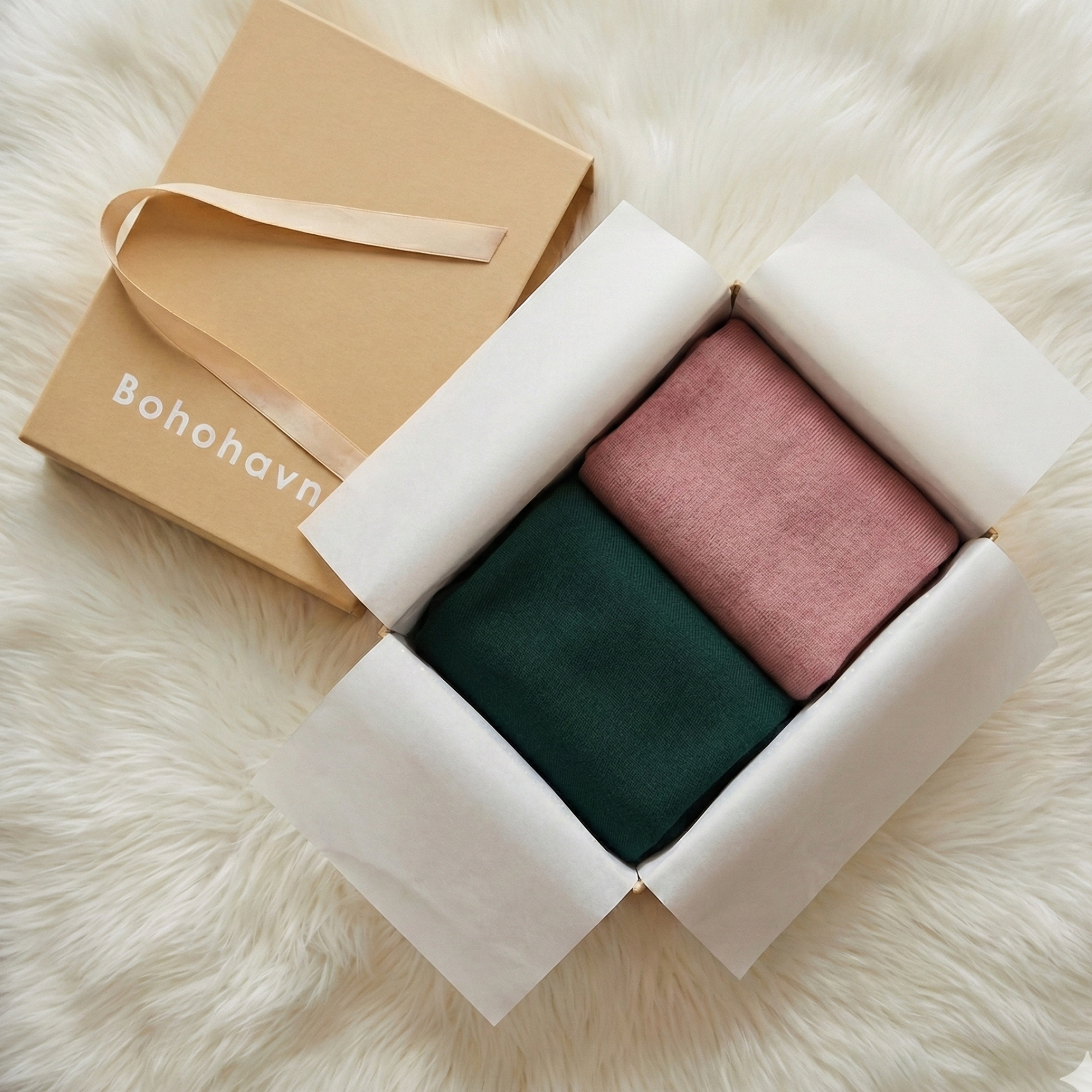Powder Pink & Pine Cozy Gift Duo — pink + green two‑scarf gift set in a keepsake box_2 Powder Pink Pine Cozy Gift Duo — pink green two‑scarf gift set in a keepsake
